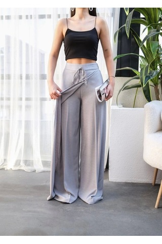 Defymoda Keten Önü Çapraz Parçali Lasti Kli Ve Bağcikli Geni Ş Paça Pantolon Gri
