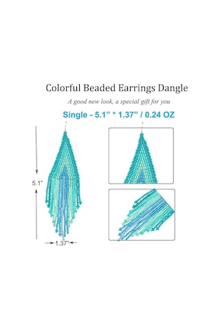 Uzun Boncuklu Püskül Küpeler - Çizgili Bohem Saçaklı Sarkan Küpe Mavi