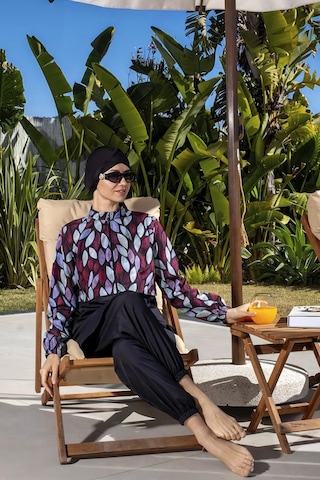 Mayom Tam Kapalı Paraşüt Kumaş Crop Model Damla Desenli Tesettür Mayo - 2526 Siyah-renkli