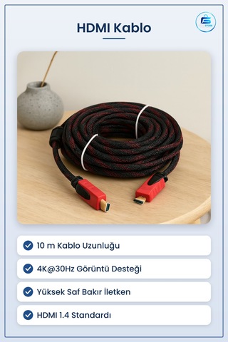 Hdmı Kablo 10 M Örgülü V1.4 4k 3d 1080p Bakır Ses Görüntü Kablosu
