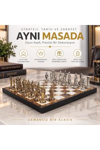 Lüks Metal Satranç Takımı Osmanlı Bizans Figürlü Krom Kehribar Mermer Desenli 20 X 20 Premium Hediye