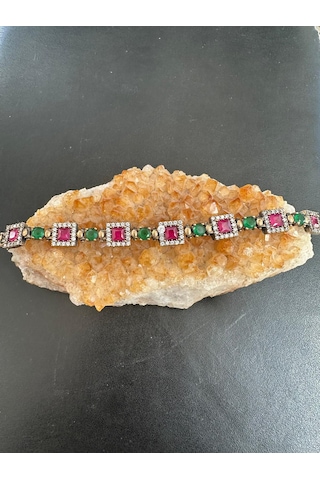 Otantik Bileklik 925 Ayar Gümüş Yakut Zümrüt Ve Zirkon Taşlı