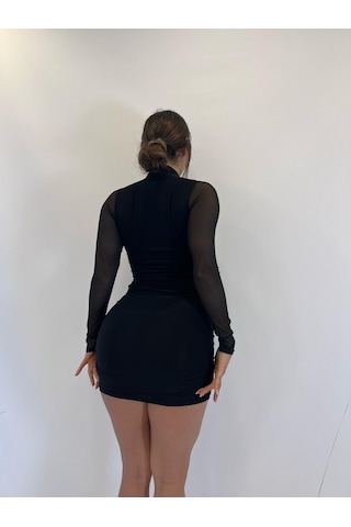 Pink Life Siyah Sandy Kumaş Kolları Tül Detaylı Mini Elbise Siyah