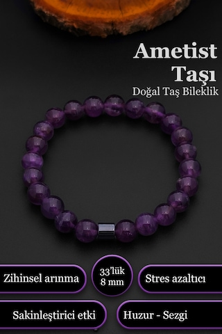 Ametist Bileklik Kadın Erkek Doğal Taş Bileklik 8 Mm Bt024 Mor