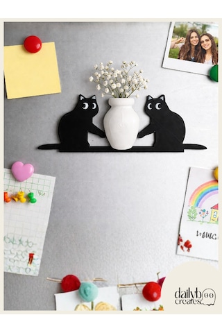Kedi Bıyığı Toplayıcı Magnet-vazolu Buzdolabı Süs-2 Kedili Bıyık Biriktirme Magnet Siyah