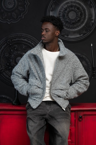 Oversize Crop Model Yan Cepli Astarlı Kırçıllı Mont Gri