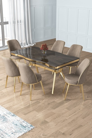 Canisa Prah Serisi 90x160 Lak Panel Antrasit Ironi Gold Ayak Masa Takımı 6 Cappucino Sandalye Siyah Mermer Desen Masa Sandalyeler Cappucino