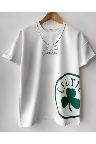 Çocuk Erkek Boston Celtic Oversize Baskılı Pamuklu Bisiklet Yaka Beyaz