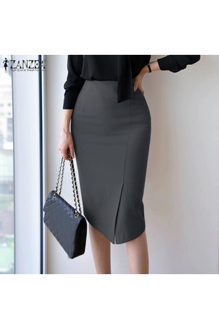 Koyu Gri Zanzea Kadın Günlük Yüksek Bel Yırtmaçlı Kalem Etekler Koyu Gri