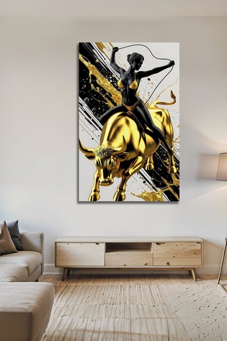 Altın Boğa Ve Modern Kadın Sanat Temalı Dekoratif Lüks Cam Tablo Portre Temalı Dekoratif Duvar Tablosu, Salon Ve Yatak Odası Dekoru,