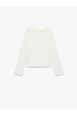 Koton Kanat Nakış Detaylı Slim Fit Pamuklu Kaşkorse Bisiklet Yaka Uzun Kollu Tişört Ekru 7wkg10522ak