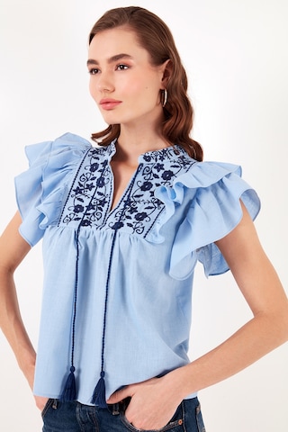 Lela Pamuklu Regular Fit Nakış Işlemeli Bayan Bluz 611Bz0253 Mavi