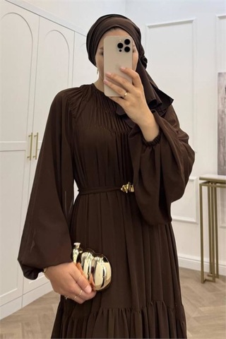 Neşeli Butik Kadın Kahverengi Balon Kol Astarlı Kuşak Detaylı Şifon Tesettür Elbise ---- Nms095