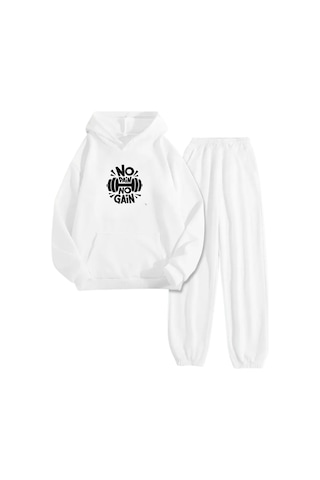 Beyaz Eşofman Takımı No Pain No Gain Baskılı, Kapüşonlu Sweatshirt Ve Jogger Pantolon Beyaz