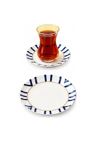 Yasemin Dicle 18 Parça 6 Kişilik Porselen Pasta Ve Çay Takımı Çizgili Lüks Sunum Seti Çok Renkli