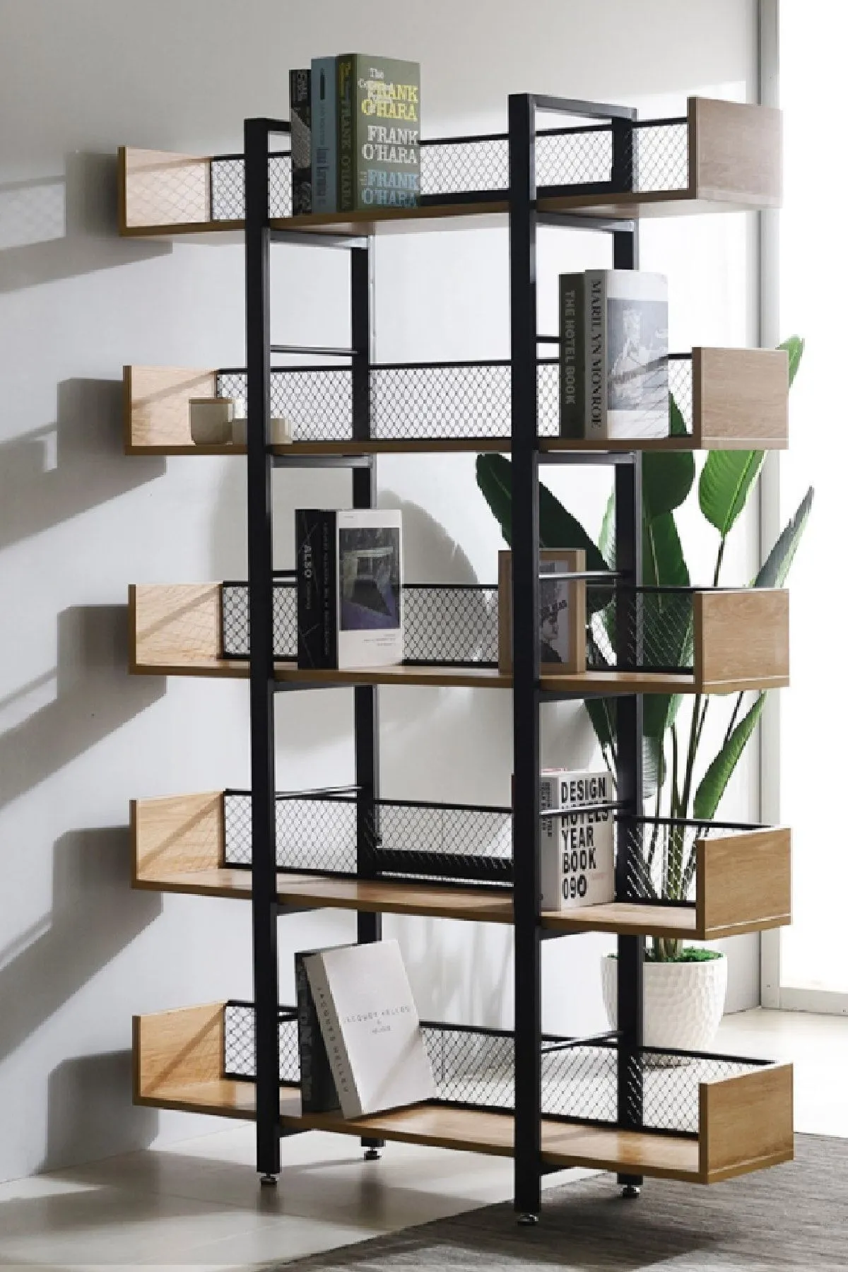 Endüstriyel Tasarım 5 Katlı Tel Detaylı Kitaplık-aksesuar Rafı-çiçeklik-çok Amaçlı Raf Endülüs-siyah