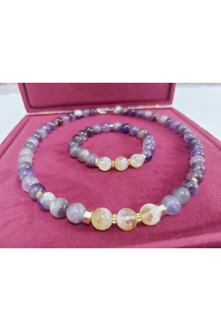 Doğal Ametist Taşı Kolye Ve Bileklik Takımı Mor