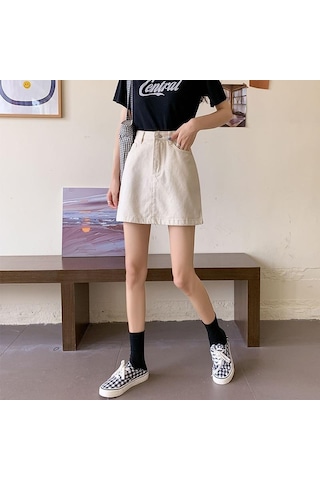 Yaz Yüksek Bel A Hattı Düğmeli Kot Etek Mini Siyah Beyaz Slim Fit Kot Etek Koyu Mavi