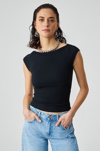 Grımelange Noemı Kadın Balerin Yaka Kısa Kol Slim Fit Ribanalı Siyah Bluz Siyah