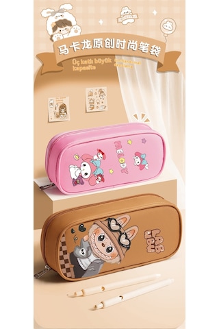 İlkokul Öğrencilerinin Labubu Çizgi Film Çift Katlı Basit Büyük Kapasiteli Kalem Kutusu Kahverengi