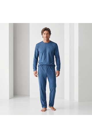 Lacaton Erkek Büyük Beden O Yaka Uzun Kol Pijama Takım İndigo