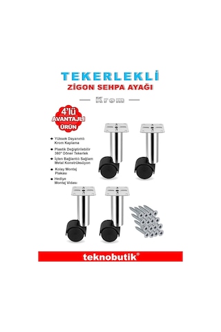 4 Adet 15cm Çap 32mm Metal Gövdeli Plastik Tekerlekli Mobilya Sehpa Ayağı Krom
