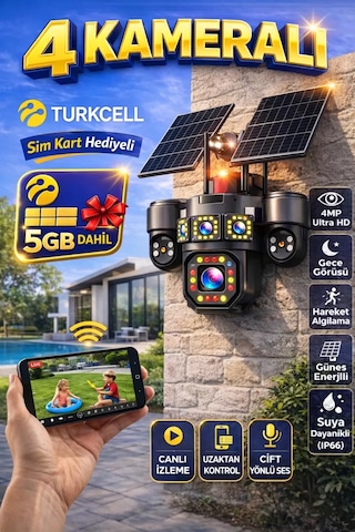 Esvision 7021 4 Kameralı 4g Çift Solar Panel 16x Zoom Dual Batarya Hieasy Aov Sürekli Kayıt Gece Görüş Çift Yönlü Ses Turkcell Sim Kart