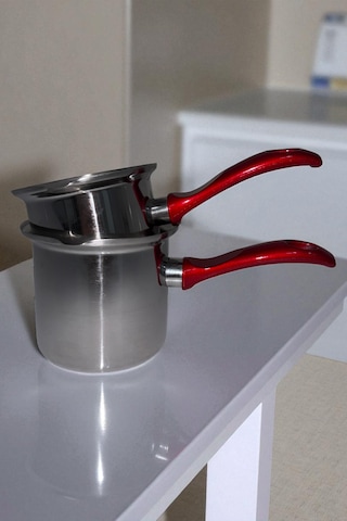 2'li Set Paslanmaz Çelik Cezve Kırmızı Kulplu 12cm