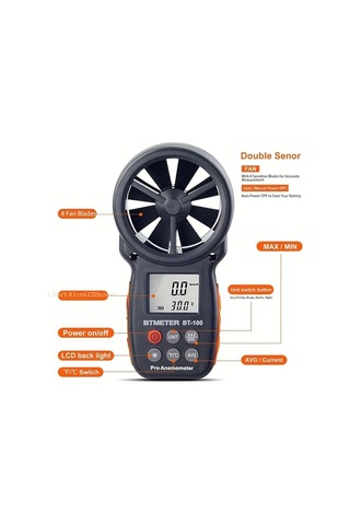Boatshop1 Bt 100 Siyah Dijital El Tipi Anemometre Ruzgar Hizi Olcumu Sicaklik Ve Ruzgar Sogutma Arka Işıklı Lcd Ekran