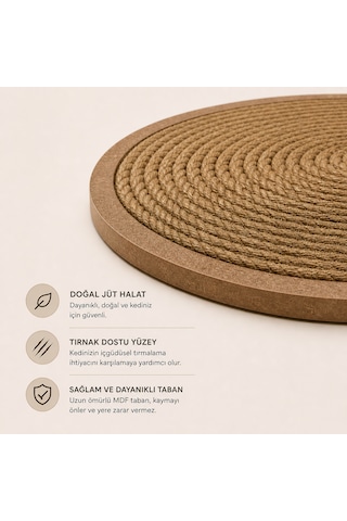 Petody Rondo Kedi Tırmalama Matı 8 MM Jüt Halat Mdf Taban 40 CM Modern Ve Dayanıklı Mdf Tasarım