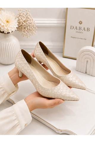 Dabab Shoes Lılya Kadın Bej Sivri Burun Örgü Desenli 6 Cm İnce Topuklu Stiletto Ayakkabı