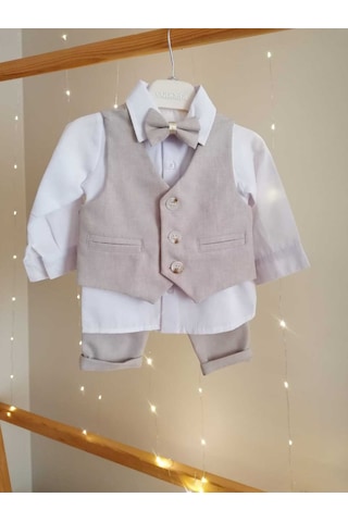 Concept Kids Papyonlu Yelekli Bej 4'lü Klasik Erkek Bebek Takım Özel Gün Kıyafeti Düğün Bebek Hediyesi