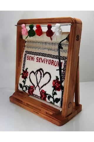 100tel Seni Seviyorum Motifli El Dokuması Hediyelik Minyatür Halı Çok Renkli