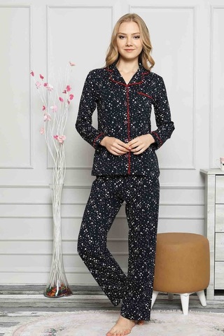 Farya Home Dreamy Yıldız Desenli Biyeli Gömlek Pijama Takımı Lacivert