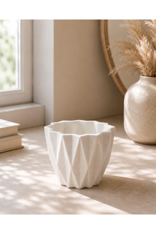 Lexroo Geometrik Desenli Beyaz Saksı, Masaüstü, Modern Minimalist Stil, Sukulent Ve Kaktüs Standart