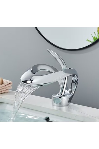 Krom Şelale Lavabo Bataryası Lüks Tek Kollu Tezgah Üstü Loft Musluk Ev Otel Özel Tasarım Gri