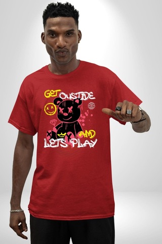Dışarı Çık Ve Oynayalım Teddy Pamuklu Bisiklet Yaka Unisex Oversize Boyfriend Dijital Baskılı Kırmızı T-shirt Kırmızı