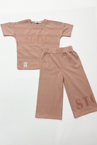 Kız Çocuk Eşofman Takımı Çizgili İspanyol Paça B17 Pudra