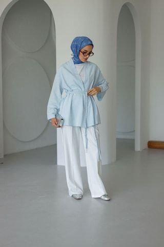 Moonsc Keten Kimono Kemerli Mavi