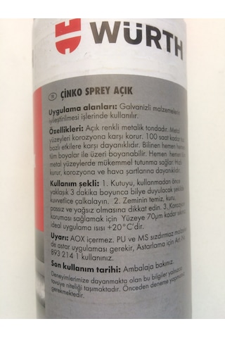 Würth Çinko Renk Sprey Boya Çinko Açık Renkli 400 ML Germany