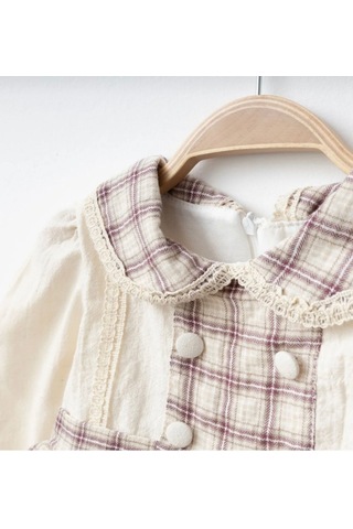 Düğme Detaylı Kareli Kız Bebe Elbise Açık Bej