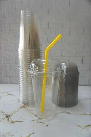 Plastik Şeffaf Bardak Kapaklı Milkshake Bardağı Kahve Bardağı Soğuk Içecek Bardağı 450ml 50 Adet 16 Oz