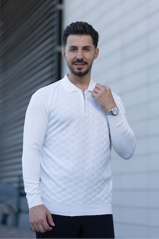 Hk Premium Erkek Triko Kazak Zikzak Desenli Polo Yaka Fermuarlı Slim Fit Beyaz