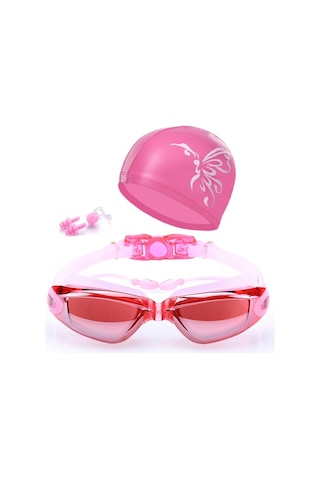 Yüzme Şapkalı Yüksek Çözünürlüklü Su Geçirmez Sis Geçirmez Yüzme Gözlüğü Pembe Çok Renkli