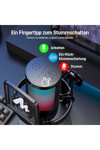 Pc İçin Usb Mikrofon, Sessiz Düğmeli Rgb Oyun Mikrofonu, Gürültü Önleyici Kondenser Mikrofon, Akış, Podcast, Ka