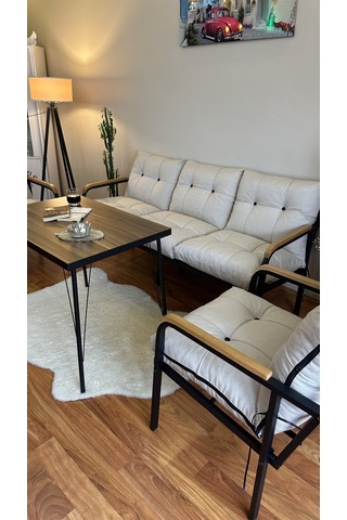 Modern Style Home Modern Kadıköy Balkon, Bahçe, Cafe - Metal Kanepe Koltuk Takımı - 3+1+1+masa Krem Modernk027 Krem