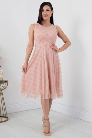 Sifir Kol Yuvarlak Abiye Elbise Pudra