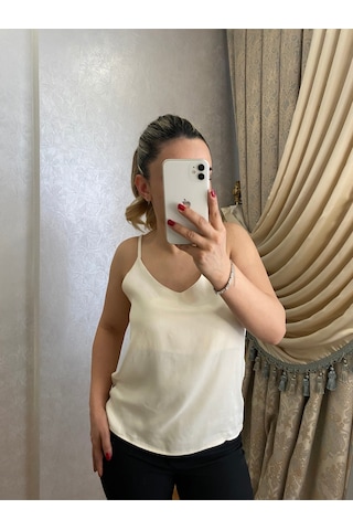 İlayla Saten Askılı Bluz Krem