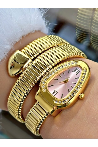 Limited Edition Serisi Özel Tasarım Yılan Modeli Metal Kordon Kadın Kol Saati Pembe