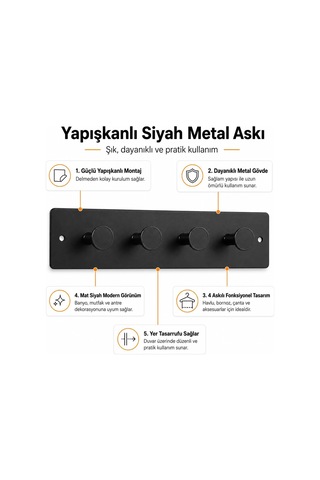 Lexroo Tekli Yapışkanlı Metal Siyah Askı, Delmeden Duvara Monte Havlu Askısı, Çanta Askısı